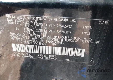 2015 Toyota Rav4 Le from USA, damaged, VIN 2T3BFREV3FW339906